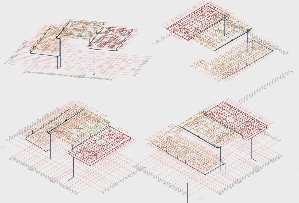 Ausschnitt der Planung für eine Dachentwässerungsanlage als 3D-Modell in vier verschiedenen Perspektiven – Galeriebild 9/10 – D&P Projekt – Referenzen
